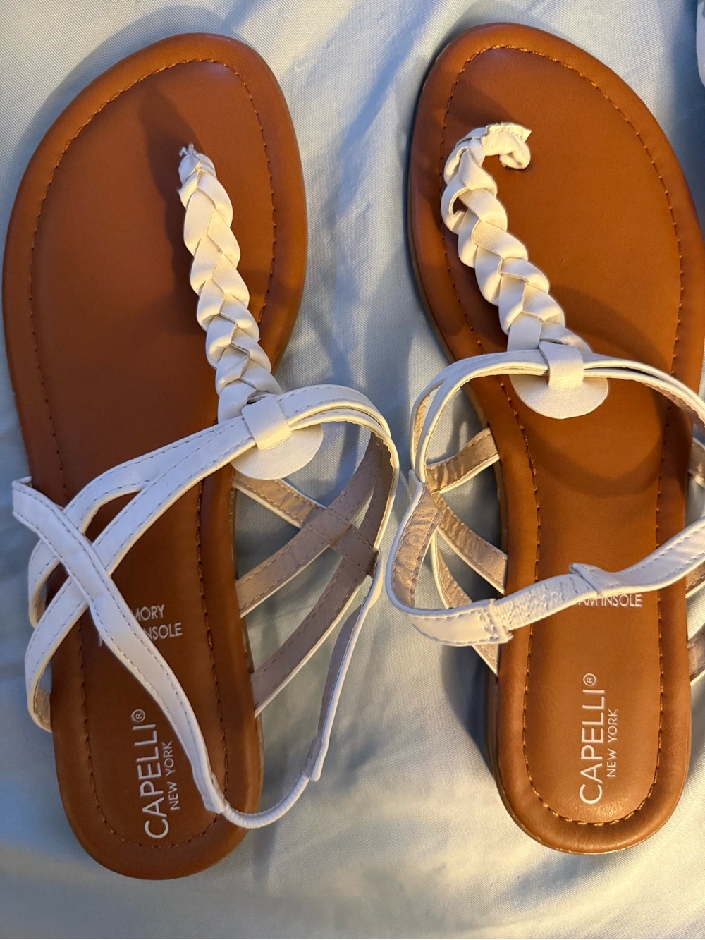 Capelli of New York White Braided Thong Sandals with Tan Footbed